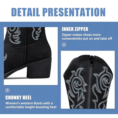 Vepose Women’s Black Cowboy Mid Calf Boots, Cowgirl Western Embroidered Chunky Low Heel 9800 Boots with Zipper, Size 6M US, (CJY9800 Black 06)