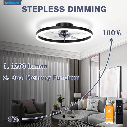 VOLISUN Low Profile Ceiling Fan with Lights and Remote, 15.7in Bladeless Ceiling Fans with light Flush Mount, 3000K-6500K Dimmable Modern LED Fan Light, Black Fandelier Ceiling Fans for Bedroom