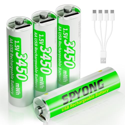 SPYONG USB Rechargeable AA Batteries, Lithium Ion 3450mWh 1.5v Rechargeable Batteries with 4-in-1 USB-C Charging Cable, Over 1500 Cycles, Charges 40 Minutes, LED Charge Indicator, 4-Pack