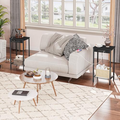 HOOBRO Tall Side Table with Charging Station, 28.7" H Industrial Telephone End Table, Small Entryway Table, Tall Bedside Table for Living Room, Hallway, Bedroom, Office, Black BB08UDH01