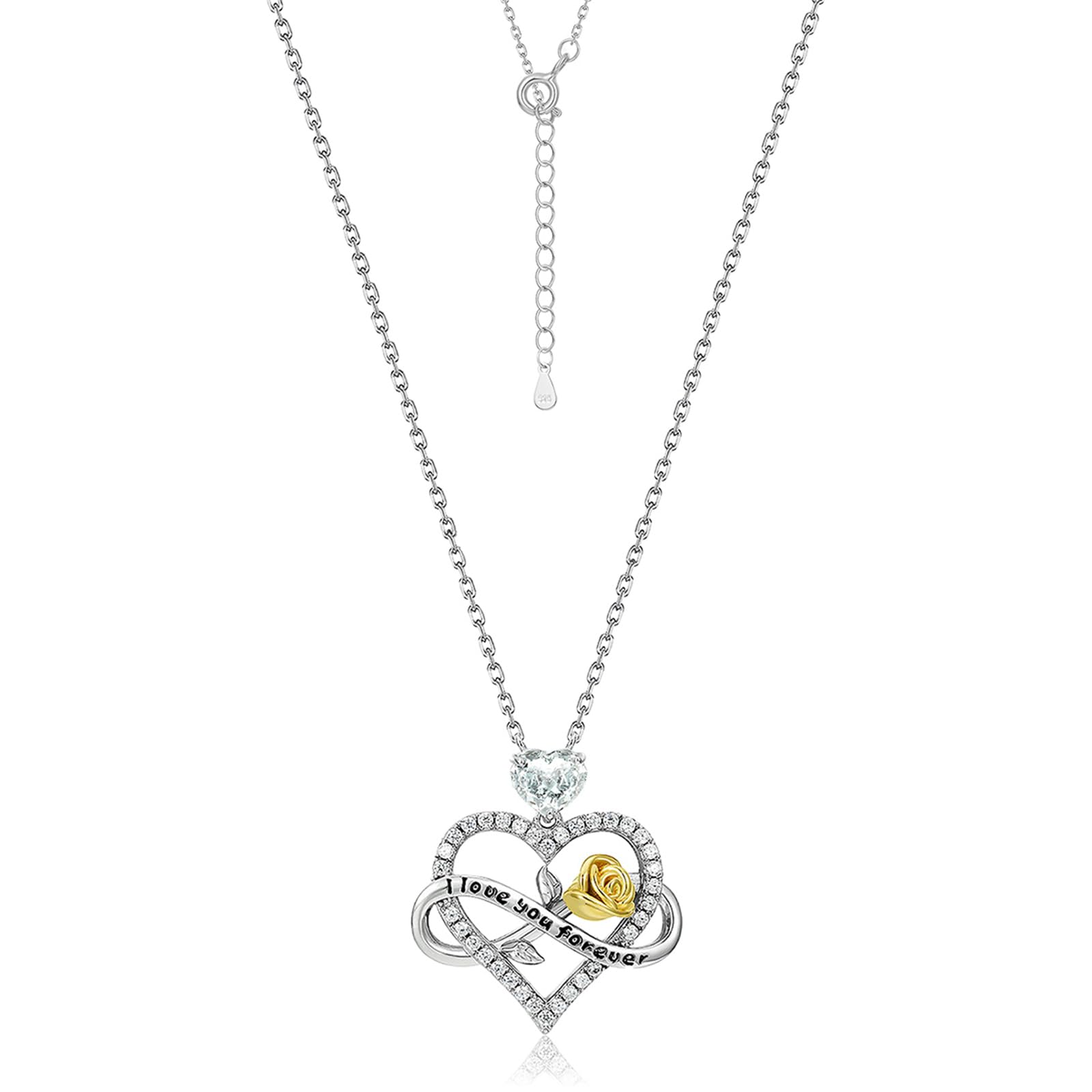 RUKYU 925 Sterling Silver Heart Necklace – 18K White Gold Plated Charm Pendant with Sparkling Cubic Zirconia - Elegant Heart Necklaces for Women on Birthday,Graduation