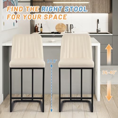 LSSPAID Counter Height Bar Stools Set of 2, 24.8 Inch Modern Upholstered Fabric Kitchen Island Chairs with Backrest and Footrest, Black Metal Leg for Kitchen Counter, Beige