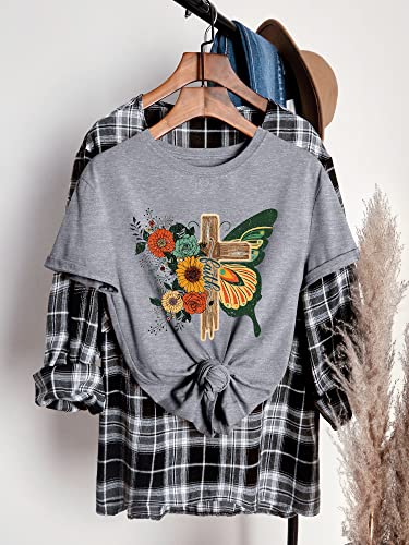 FEMLE Women's Cross Faith T Shirt Cute Short Sleeve Butterflies Flowers Graphic Tees Casual Loose Summer Tops