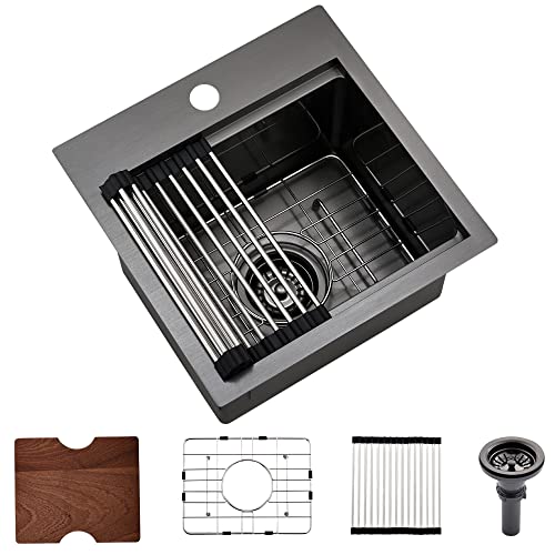 15 Inch Black Drop In Bar Sink Workstation-Bokaiya 15x15 Bar Sink Drop In Small Wet Bar Outdoor Rv Sink 16 Gauge Black Stainless Steel Single Bowl Kitchen Sink with Cutting Board