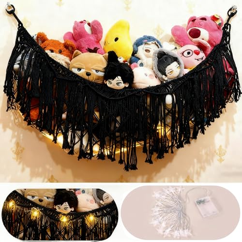 Stuffed Animal Hammock or Net With LED Lights Extra Large Wall Hanging Stuffed Animal Storage Nets for Teddy Bear Handmade Macrame Hanging Toy Net Hammock for Stuffed Animal Storage (Black)