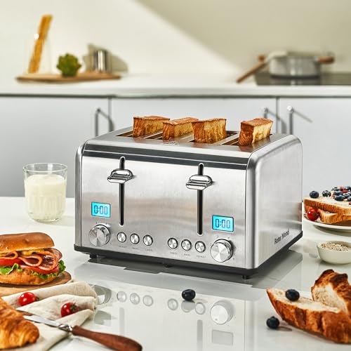 4 Slice Toaster, Roter Mond Countdown Stainless Steel Toaster with Bagel, Defrost, Cancel Function, Dual Toaster Extra Wide Slots, 6 Bread Shade Settings Bread Toaster, Removable Crumb Trays, 1650W