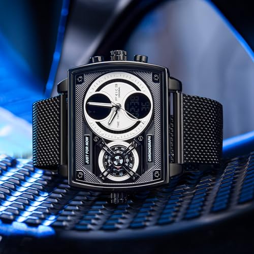 FEICE Men's Square Digital LED Watch - Multifunction Chronograph with Analog Quartz Movement, Stainless Steel Band, Dual Time Display, Waterproof Wristwatch FK814
