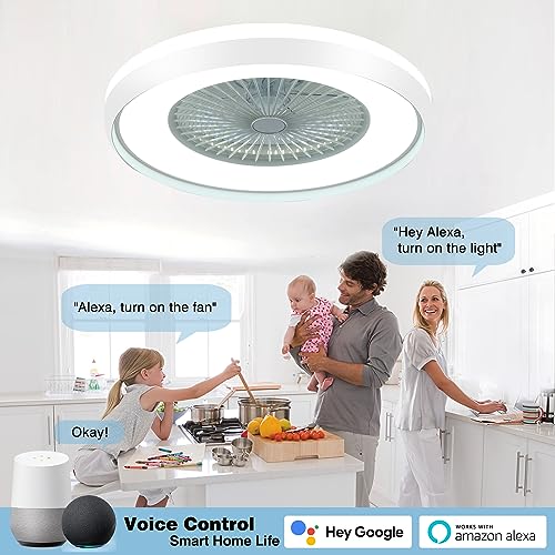 HUMHOLD 24" Low Profile Ceiling Fan with RGB Lights, Bladeless Ceiling Fan with Remote/APP/Voice Control, 6 Speeds Flush Mount Smart Ceiling Fan for Kids Bedroom/Kitchen/Dining Room