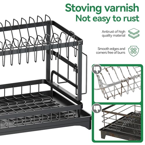 QECOUI 2 Tier Dish Drying Rack for Kitchen Counter, Dish Drainers for Kitchen Counter with Drainboard, Metal Kitchen Dish Rack with Drain, Kitchen Drying Rack Two Tier, Black Dish racks (Black)