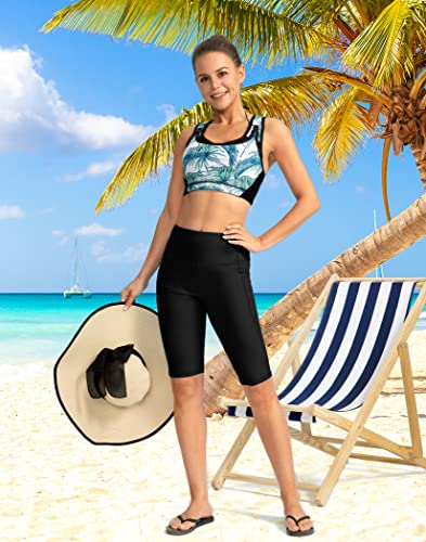 SANTINY Women's High Waisted Swim Shorts with Pockets UPF50+ Long Board Swimming Shorts for Women with Liner (Purple_M)