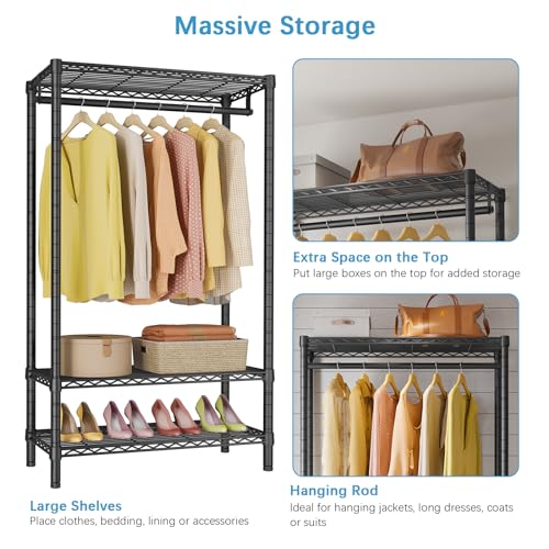 VIPEK V1S 3 Tiers Garment Rack With Cover - Clothing Rack for Hanging Clothes, Freestanding Wardrobe Closet for Small Spaces, Heavy Duty, Black With Black Oxford Fabric Cover