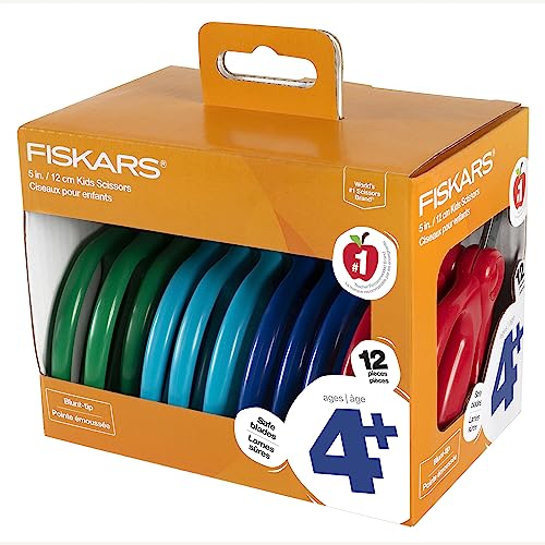 Fiskars 5" Blunt-Tip Scissors Classpack for Kids Ages 4-7 (12-Pack), Kids Scissors for School or Crafting, Back to School Supplies, Assorted Colors