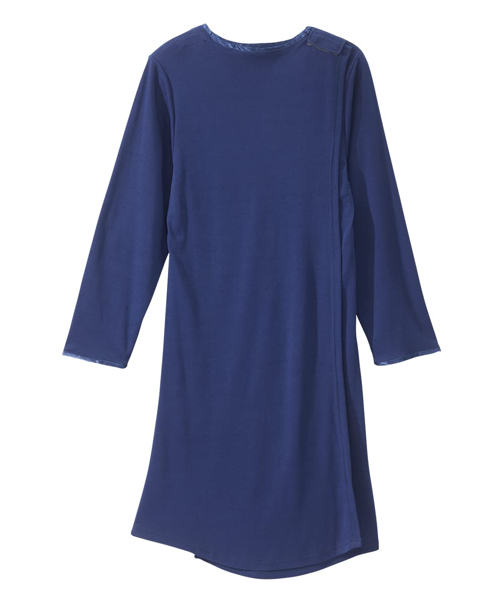 Women’s Open Back Adaptive Henley Nightgown - Long Sleeve Hospital Gown for Seniors with Satin Trim - Navy 3XL