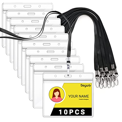Segarty Lanyards with ID Holder, 100 Pack Horizontal Badge Clear Plastic Name Tags Neck Key Card Bulk, Red Strap Clips Waterproof Ziplock Nametag Protector for Women, Business, Student, School, Office
