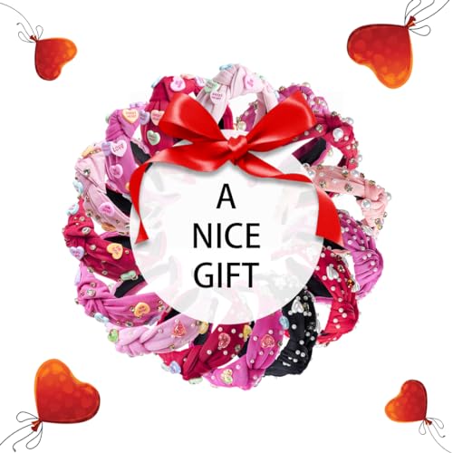 TANOSII Valentine’s Day Knotted Headband for Women Wide Headbands Hair Accessories Jeweled Hairband Letter Heart Rose Red
