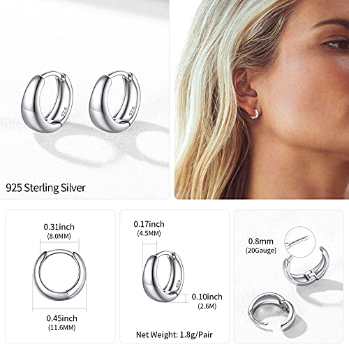 ChicSilver 925 Sterling Silver Small Chunky Hoop Earrings Hypoallergenic Wide Rounded Thick Tube Hoop Earrings White Gold Plated Silver Huggie Hoop Earrings for Women 8MM