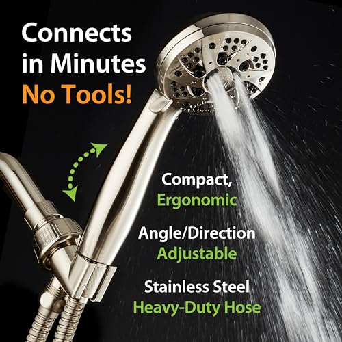 AquaDance For California High Pressure 6-Setting Full Brushed Nickel Face Handheld Shower with Hose for Ultimate Shower Experience! Officially Tested to Meet Strict US Quality & Performance Standards!
