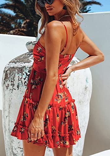 ECOWISH Womens Dresses Floral Spaghetti Strap Tie Knot Front Flowy Pleated Mini Swing Dress Red S