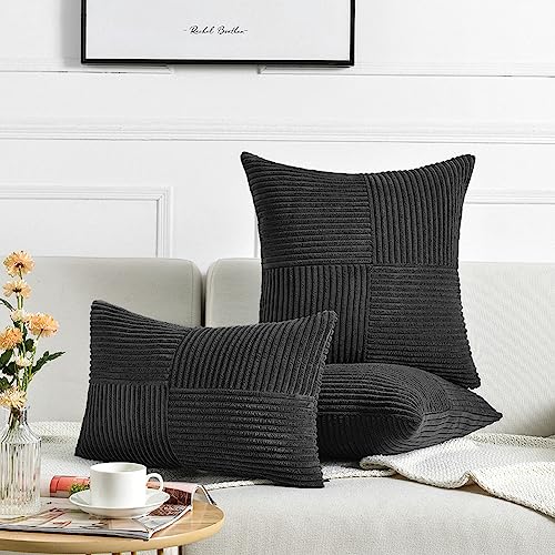 Fancy Homi 2 Packs Neutral Grey Lumbar Decorative Throw Pillow Covers 12x20 Inch for Living Room Couch Bed Sofa, Farmhouse Home Decor, Soft Striped Corduroy Rectangle Accent Cushion Case 30x50 cm