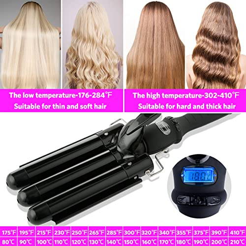 3 Barrel Curling Iron Wand with LCD Temperature Display - 1 Inch Professional Salon Ceramic Triple Barrels Curling Iron (Black)