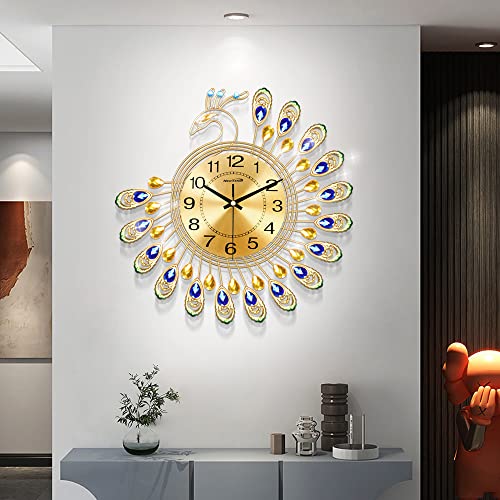NEOTEND Gold Modern Wall Clock for Living Room Decor Large Peacock Kitchen Big Wall Watch for Bedroom Silent Decorative Office Non Ticking Metal Crystal Wall Clock Battery Operated 15 Inch