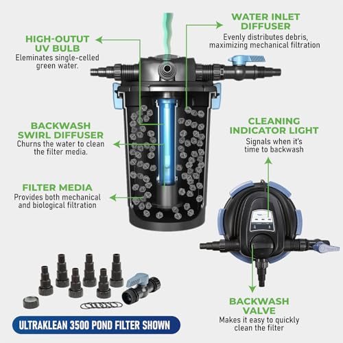 Aquascape 95053 UltraKlean 2000 Gallon Biological Pressure Filter with 14 Watt UV Clarifier Sterilizer for Pond Water Feature, 2,700 GPH Black