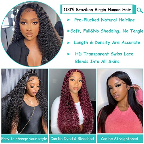 ABSFWIW 18Inch Deep Wave Lace Front Wigs Human Hair-13x4 HD Transparent Deep Wave Frontal Wigs Glueless Curly Wigs for Women 180% Density Curly Lace Front Wigs Human Hair Pre Plucked with Baby Hair