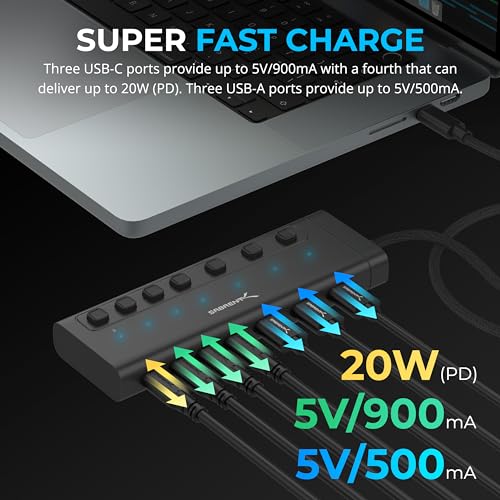 SABRENT USB C Hub 7-Port 48W Powered Hub with Switches (HB-3A4C)