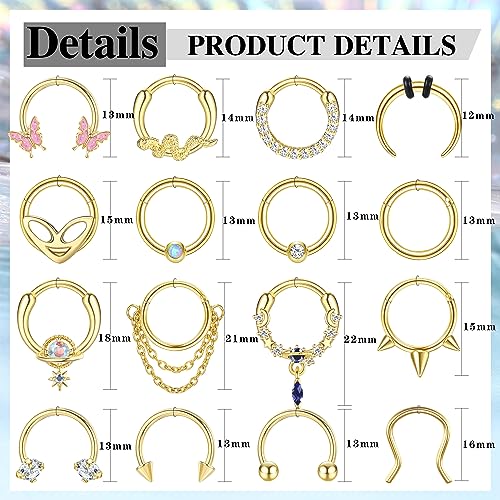LOYALLOOK 16G Septum Rings Hoop for Women Men Surgical Steel Dangle Septum Jewelry Septum Clicker Horseshoe Nose Rings Hoop Hinged Segment Daith Helix Tragus Cartilage Earrings Piercing 10MM Gold Tone