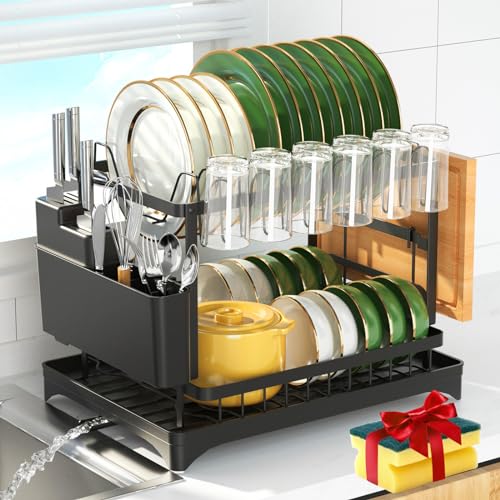 QECOUI 2 Tier Dish Drying Rack for Kitchen Counter, Dish Drainers for Kitchen Counter with Drainboard, Metal Kitchen Dish Rack with Drain, Kitchen Drying Rack Two Tier, Black Dish racks (Black)