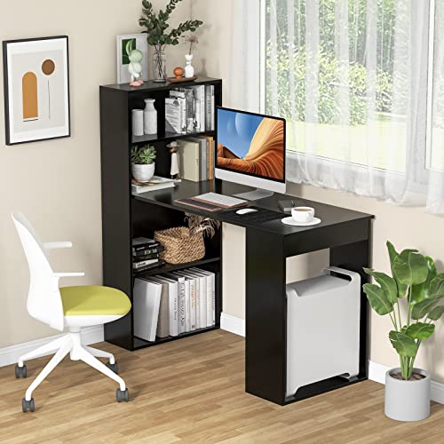 IFANNY 48 Inch Computer Desk with Bookshelf, Reversible Study Writing Desk with Storage Shelves & CPU Stand, Compact Office Desks & Workstations, Black Desk for Bedroom, Kids Room, Study (Black)