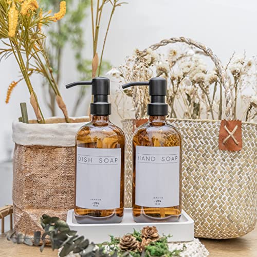 Janxin Glass Soap Dispenser for Kitchen with Stainless Steel Pump and Wood Tray, Modern Bathroom Soap Dispenser with Waterproof Labels for Hand Soap, Dish Soap, Lotion (Amber Bottles+Black Pumps)