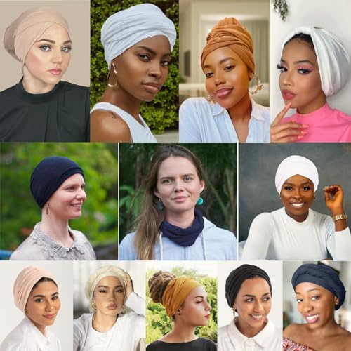 XTREND 1 Piece Turbans for Women Stretch Jersey Headwraps Fashion Neck Sleeve Sleeping Turban Solid Color Head Wrap Extra Wide Turban Caps Soft Breathable African Headwrap for Women (Camel)