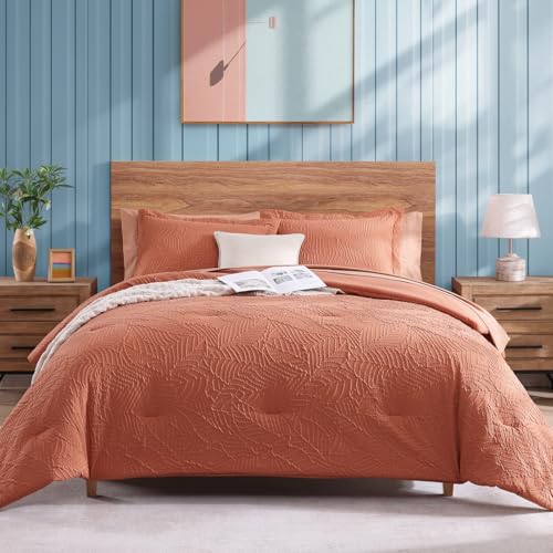 Geniospin Twin Comforter Set - 5 Pieces Burnt Orange Bedding Set, Botanical Textured Comforter Set, All Season Lightweight Bed in a Bag with Comforter, Sheets, Pillowcases & Shams