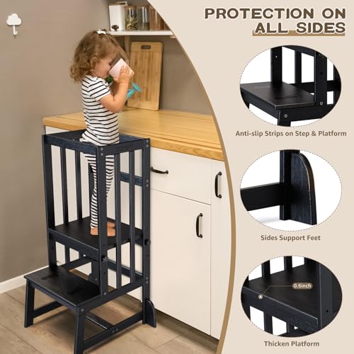DORPU Toddler Tower, Adjustable Height Kids Kitchen Step Stool with CPC Certification, Unique Patents with Safety Rail & Anti-tip & Non-Slip Mat & Vertical Guardrail Toddler Kitchen Stool๏ผBlack๏ผ