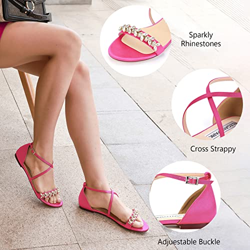ELEGANTPARK FS2321 Hot Pink Sandals for Women Open Toe Comfortable Strappy Sandals Flats Rhinestones Summer Satin Wedding Evening Party Dress Flat Sandals US 7