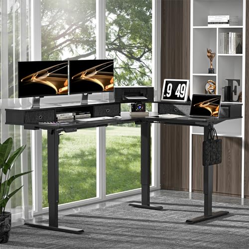REGISDESK 67" L Shape Standing Desk, Electric L Adjustable Height Standing Desk with 4 Drawers, Corner Modern Standing Desk with Monitor Stand for Home Office, Classic Black