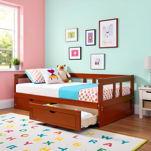 Alaterre Furniture Melody Extendable Daybed Frame with Trundle and Storage Drawers, Brazilian Pine Wood King-Size Bed for Kids Bedroom Furniture, 200 Pound Capacity, Multiple Finish Options
