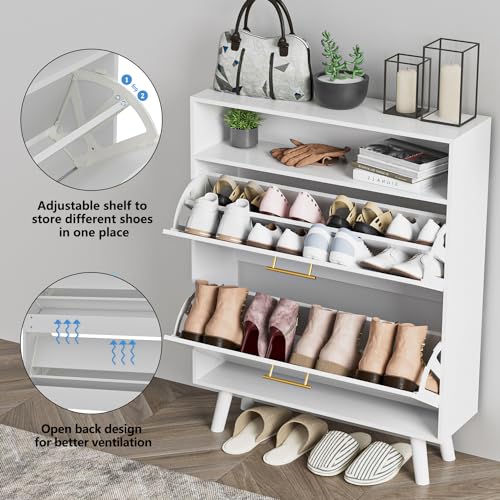 SINROM Shoe Cabinet for Entryway, Slim Shoe Storage Cabinet with 2 Flip Drawers, Freestanding Shoe Organizer with Open Shelf for Hallway, Black