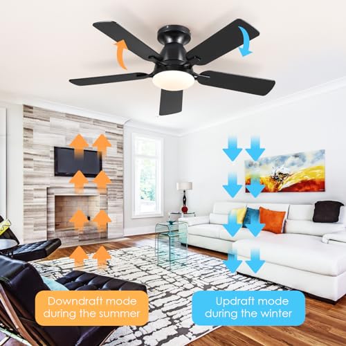 Ceiling Fans with Lights- 46" Low Profile Indoor Ceiling Fan with Light and Remote/APP Control, Flush Mount, LED Dimmable DC Reversible Modern Ceiling Fan for Bedroom(Black)