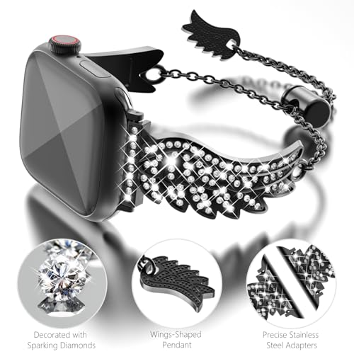 WINGLE for Apple Watch Bands 40mm 41mm 38mm for Women Series 9 8 7 6 5 4 3 2 1 SE, Sparkle Angel Wings Bling Diamond Rhinestone Apple Watch Metal Band Dressy Chain Bracelet for iWatch, Black