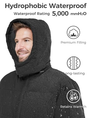 wantdo Men's Parka Jacket Thicken Winter Coat Waterproof Rain Jacket (Black, Small)