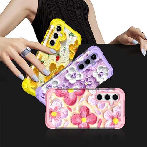 LONTECT for Galaxy S24 Plus 5G Case Shockproof 3 in 1 Heavy Duty Hybrid Rugged Full Body Protective Cute Oil Painting Flowers Cover Case for Samsung Galaxy S24+ Plus 5G 6.7 2024,Light Purple