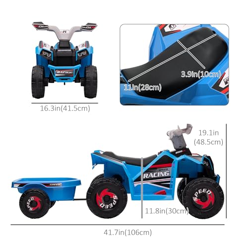 Aosom Kids ATV Quad Car with Back Trailer, 6V Electric Ride On Car with Forward Backward Function, Wear-Resistant Wheels, Ride on Toy for Toddlers Ages 18-36 Months, Blue