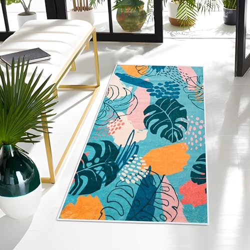 UBTKEY Small Area Rug 2x4.3, Ultra-Thin Non Slip Washable Entryway Rugs, Botanical Print Boho Kitchen Throw Rugs Indoor Door Mat for Entryway Front Door Entry Bedroom (Blue Green, 2' x 4.3')
