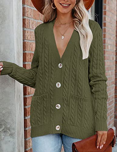 MEROKEETY Women's 2024 Long Sleeve Cable Knit Button Cardigan Sweater Open Front Outwear Coat with Pockets,Wine,M