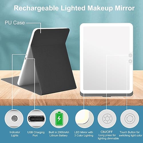 deweisn Folding Compact Lighted Makeup Mirror with 3 Colors Light,Rechargable 2000mA Batteries Mirror with Dimming,Lighted Mirror with PU Cover Leather