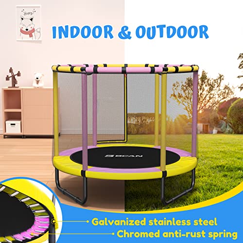 BCAN 60'' Mini Trampoline for Kids, 5FT Toddler Trampoline - Indoor/Outdoor Use with Enclosure Net, Thicker Foam Handle, Adjustable Gymnastics Bars, Basketball Hoop, Gifts for Boys & Girls