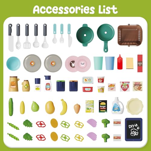 HOLYFUN Kids Kitchen Playset, Pretend Play Kitchen with Sounds and Lights, Cooking Stove Steam,Play Sink and Play Food,Toy Kitchen Set for Kids Toddlers, Green