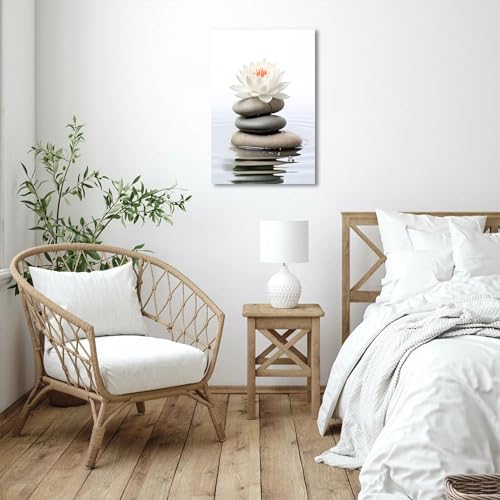 QIXIANG White Lotus Flower Canvas Wall Art Zen Stone Lotus Reflected on the Water Picture Prints for Serene Home Zen Enthusiasts Home Framed(Lotus-A,12.00" x 18.00")